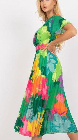 Fc V-neck high waist pleated print mid-length dress women's clothing with belt