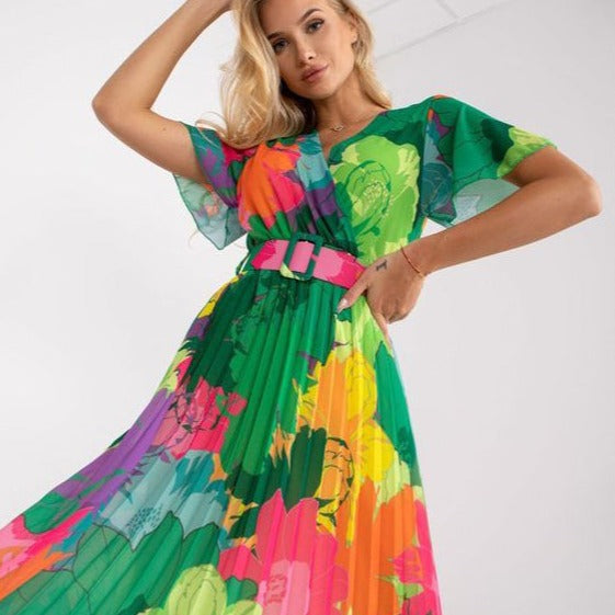 Fc V-neck high waist pleated print mid-length dress women's clothing with belt