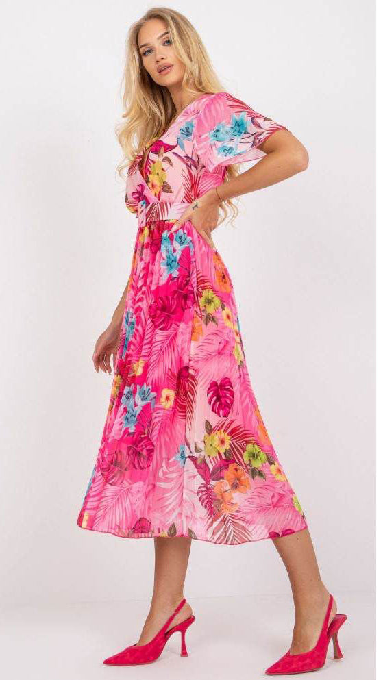 Fc V-neck high waist pleated print mid-length dress women's clothing with belt