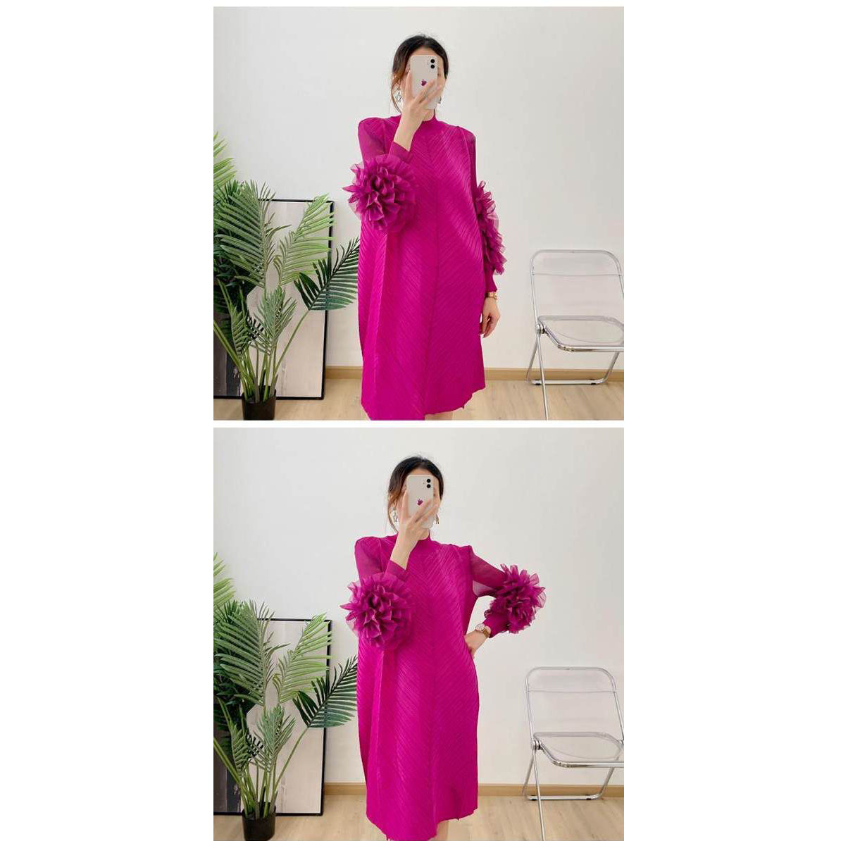 Fc Black Round High Neck Pleated Dress