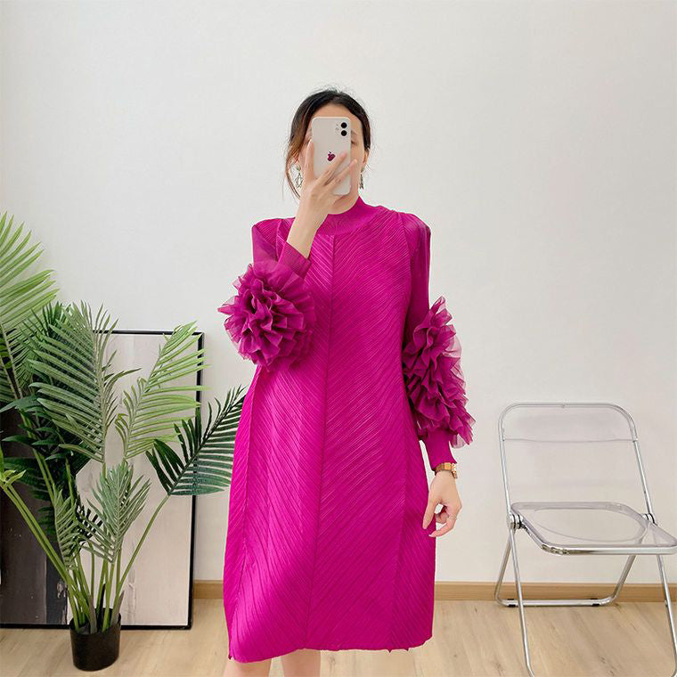 Fc Black Round High Neck Pleated Dress