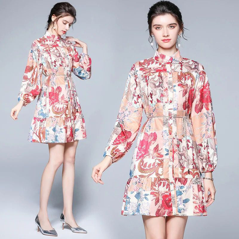 Fc Long Sleeve Polo Neck Elastic Floral Dress