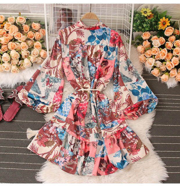 Fc Long Sleeve Polo Neck Elastic Floral Dress
