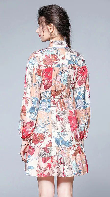 Fc Long Sleeve Polo Neck Elastic Floral Dress