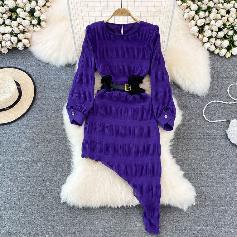 Fc Round Neck Bubble Long Sleeves Slim Irregular Dress