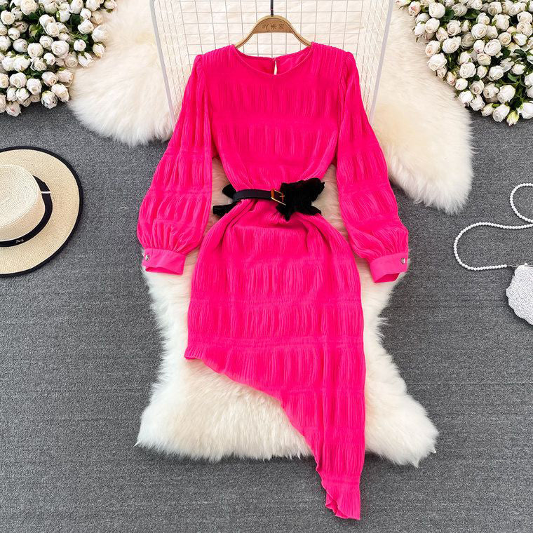 Fc Round Neck Bubble Long Sleeves Slim Irregular Dress