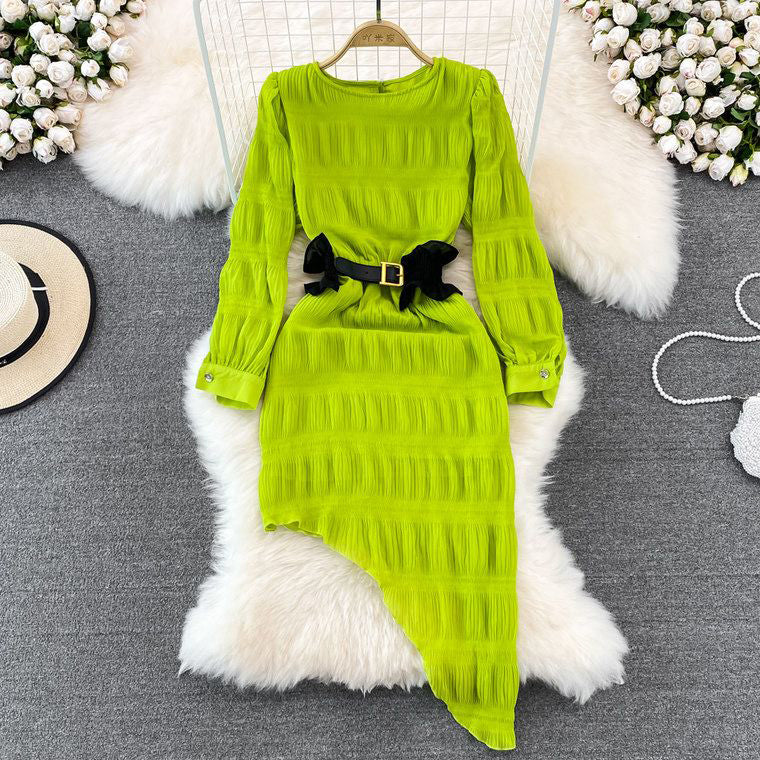 Fc Round Neck Bubble Long Sleeves Slim Irregular Dress