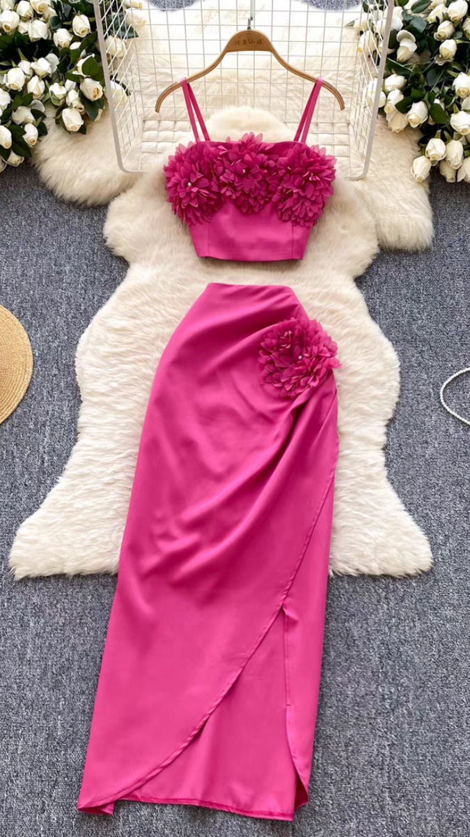 3D Flower Short Top & Wrap Skirt Set FC1861