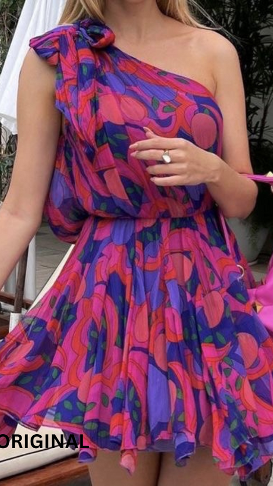 Abstract Pattern One-shoulder Dress