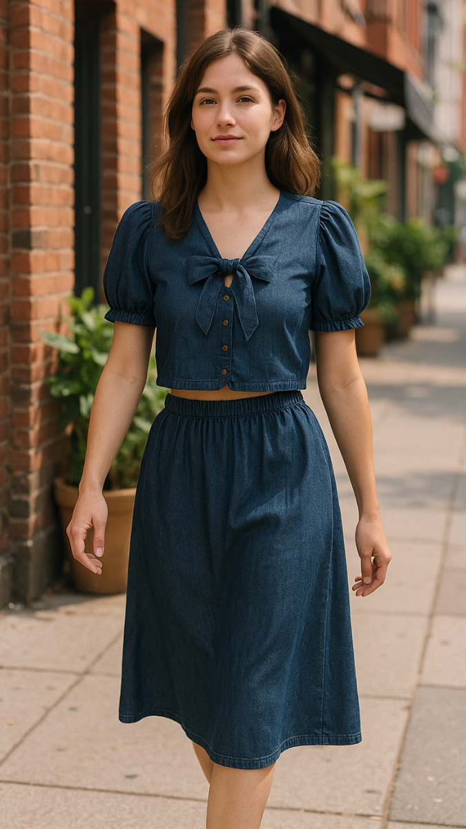 Balloon Sleeve A Line Denim Skirt Set FC1827