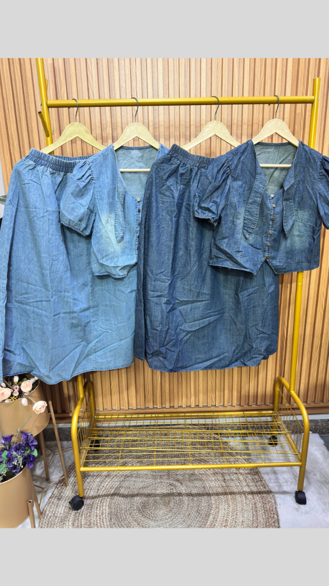 Balloon Sleeve A Line Denim Skirt Set FC1827