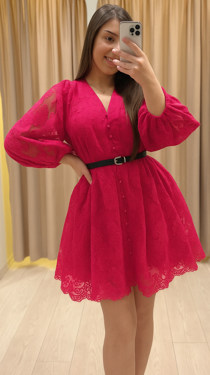 Balloon Sleeve Front Buttoned Mini Dress FC1801