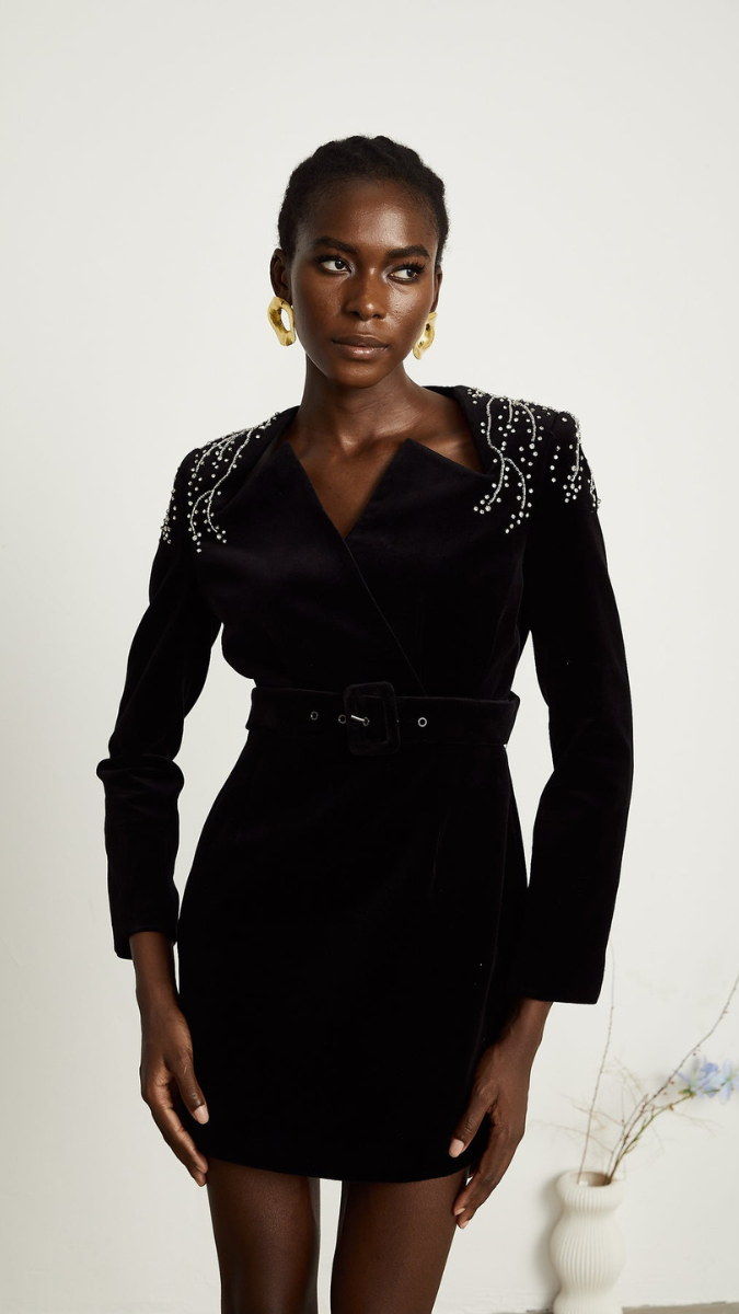 Black Designer Belted Dress FC1760