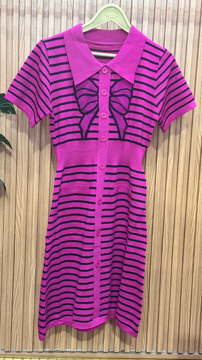 Bow Designed Black Strip Dress FC1865