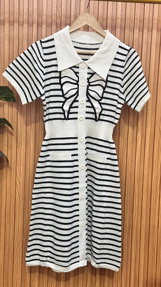 Bow Designed Black Strip Dress FC1865