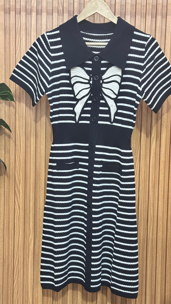 Bow Designed Black Strip Dress FC1865