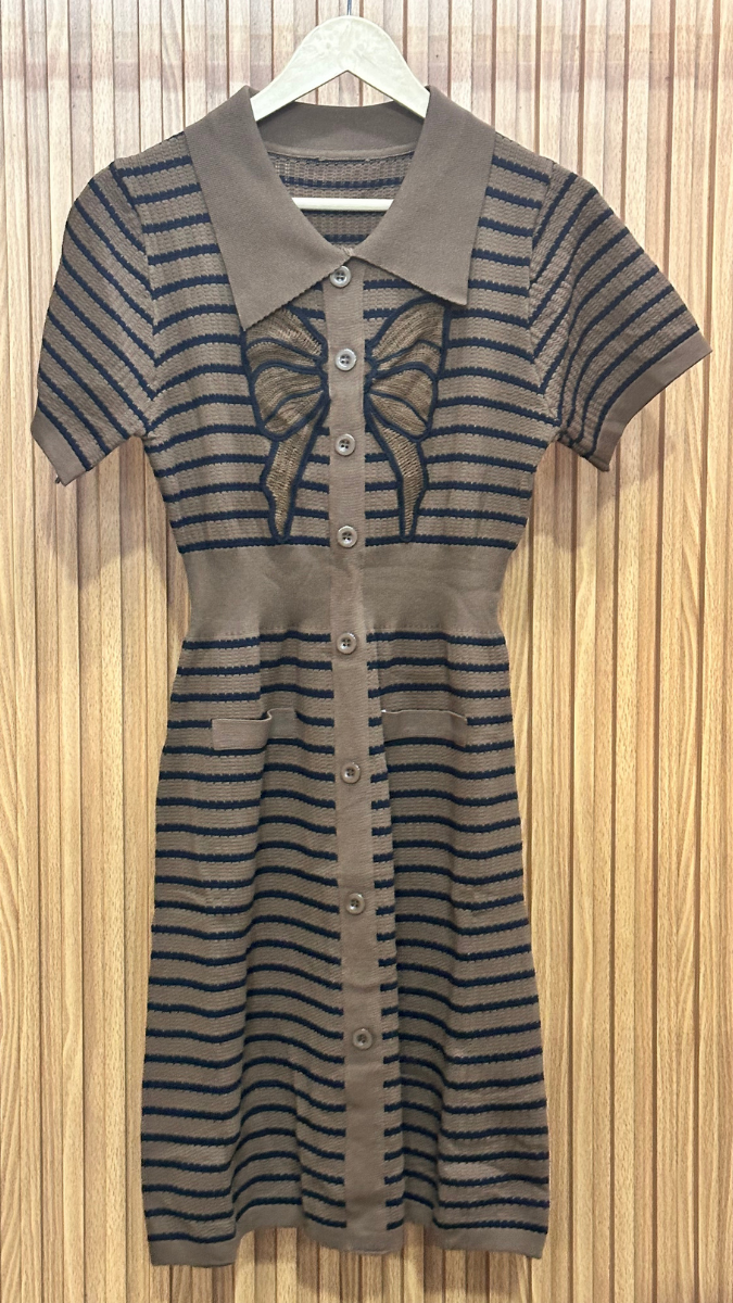 Bow Designed Black Strip Dress FC1865