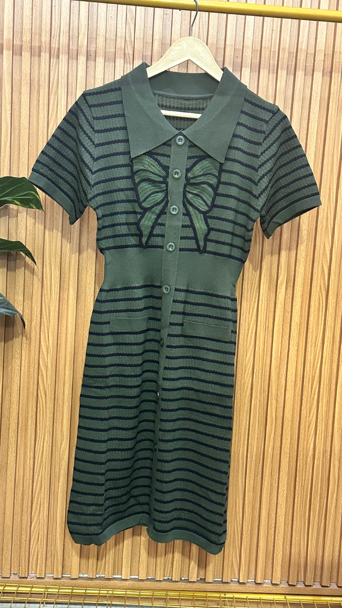 Bow Designed Black Strip Dress FC1865