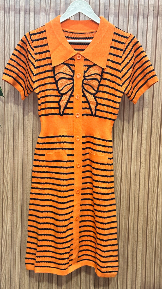Bow Designed Black Strip Dress FC1865