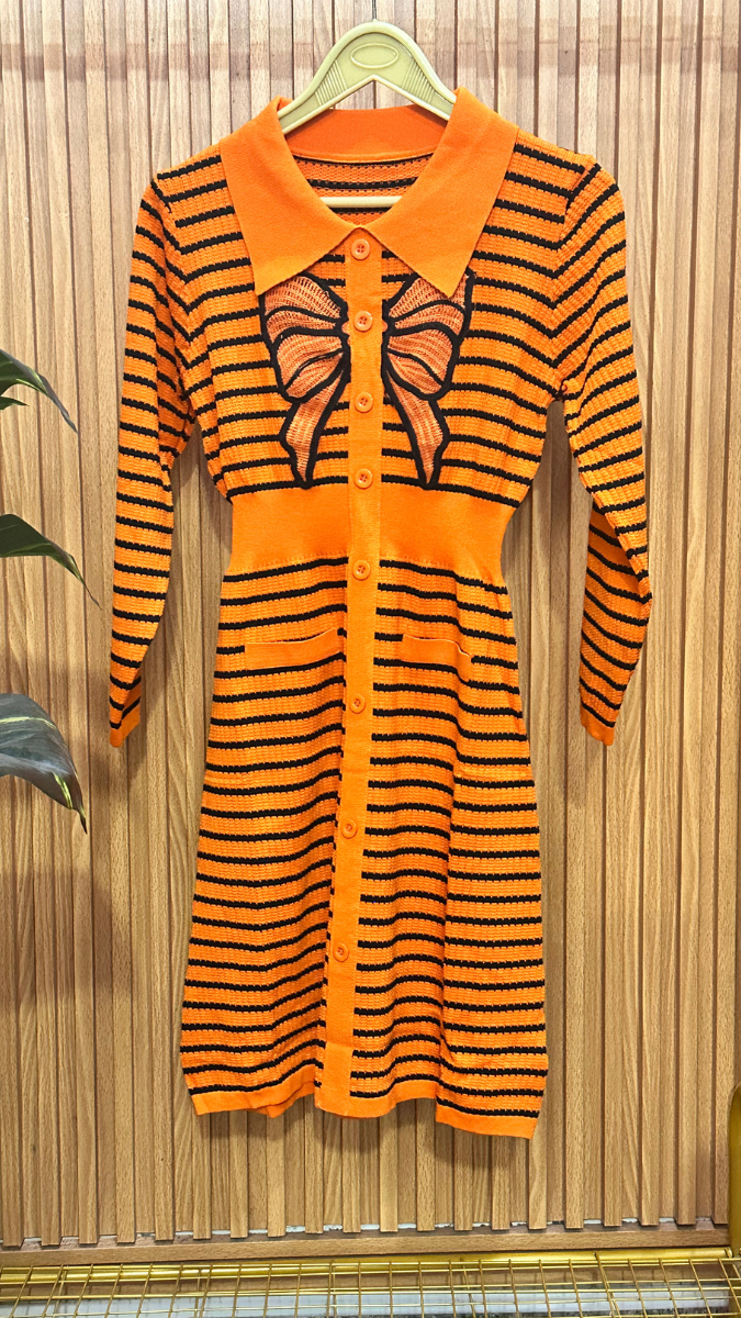 Bow Designed Full Sleeve Black Strip Dress FC1867