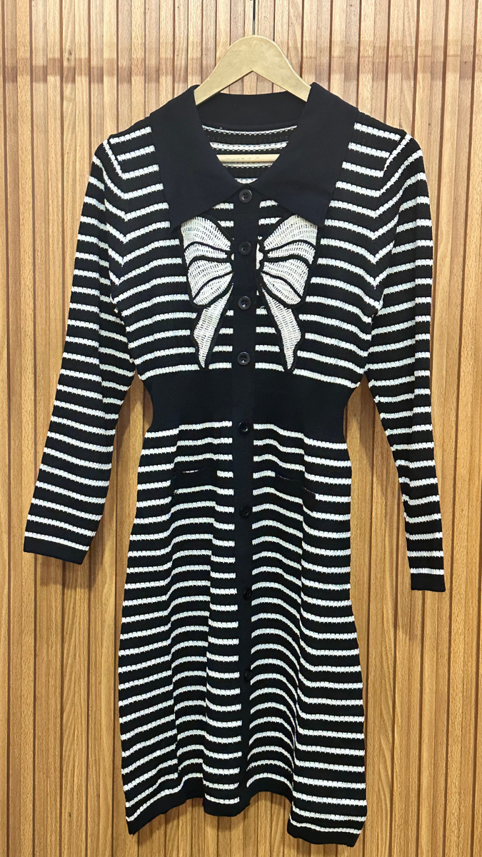 Bow Designed Full Sleeve Black Strip Dress FC1867