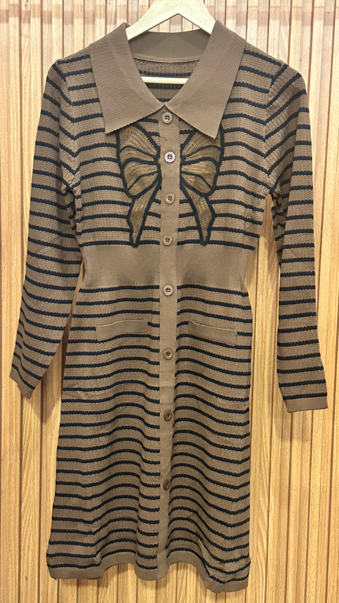 Bow Designed Full Sleeve Black Strip Dress FC1867