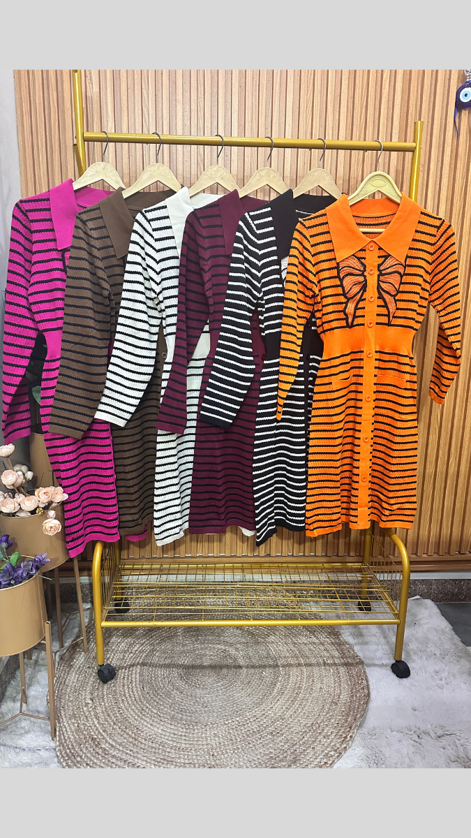 Bow Designed Full Sleeve Black Strip Dress FC1867