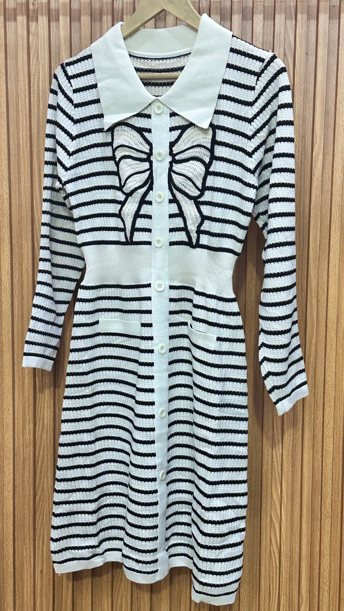 Bow Designed Full Sleeve Black Strip Dress FC1867
