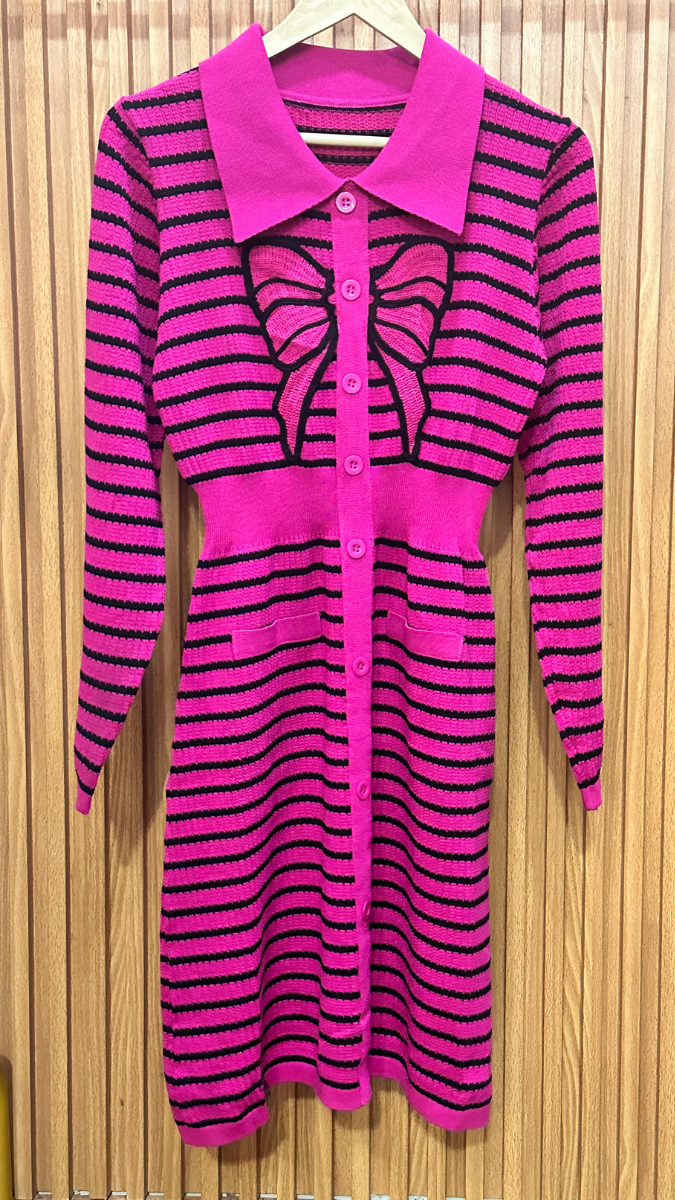 Bow Designed Full Sleeve Black Strip Dress FC1867