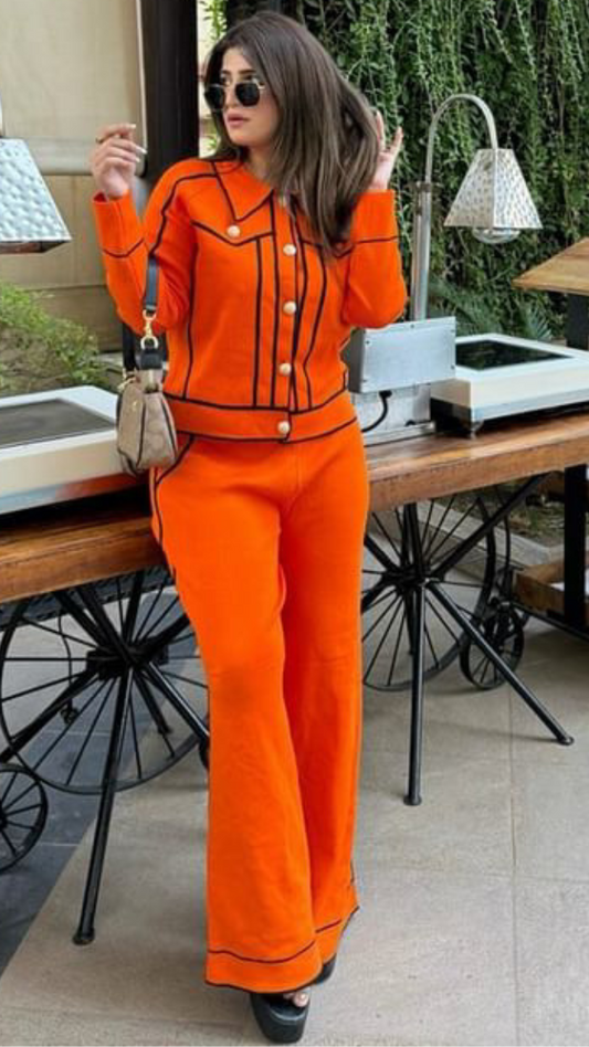 Contrast Piping Top with Trousers Coord Set FC1658