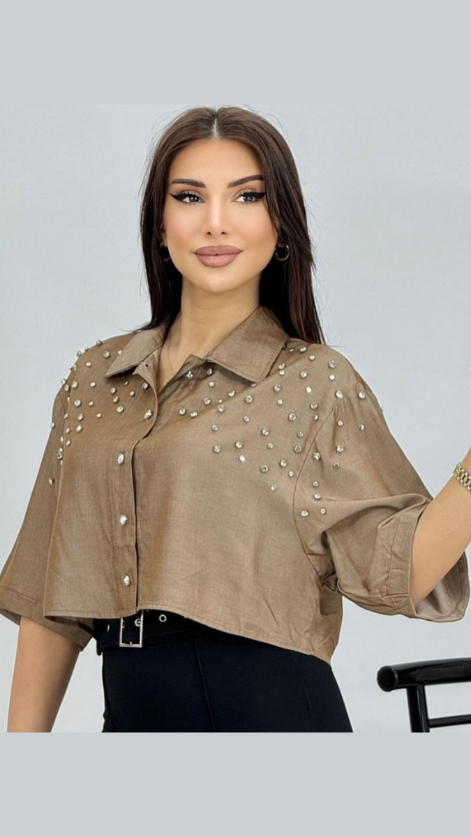 Crystal Embedded Down Shoulder Crop Shirt FC1903