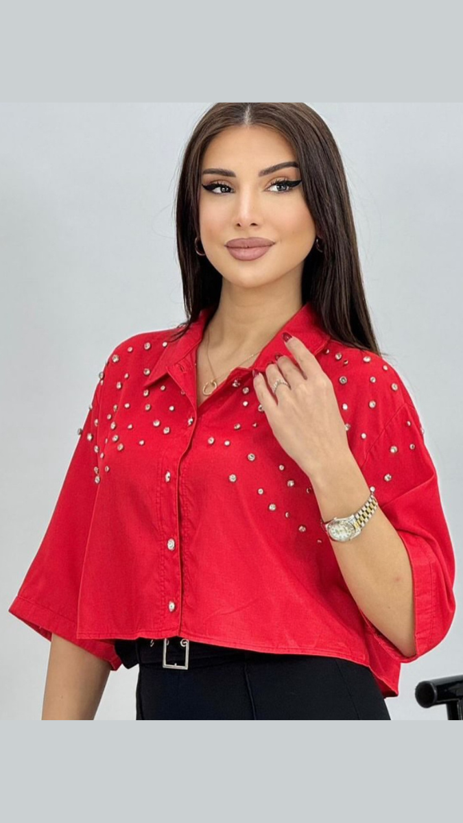 Crystal Embedded Down Shoulder Crop Shirt FC1903