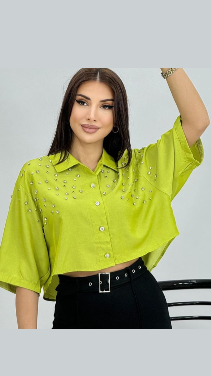 Crystal Embedded Down Shoulder Crop Shirt FC1903