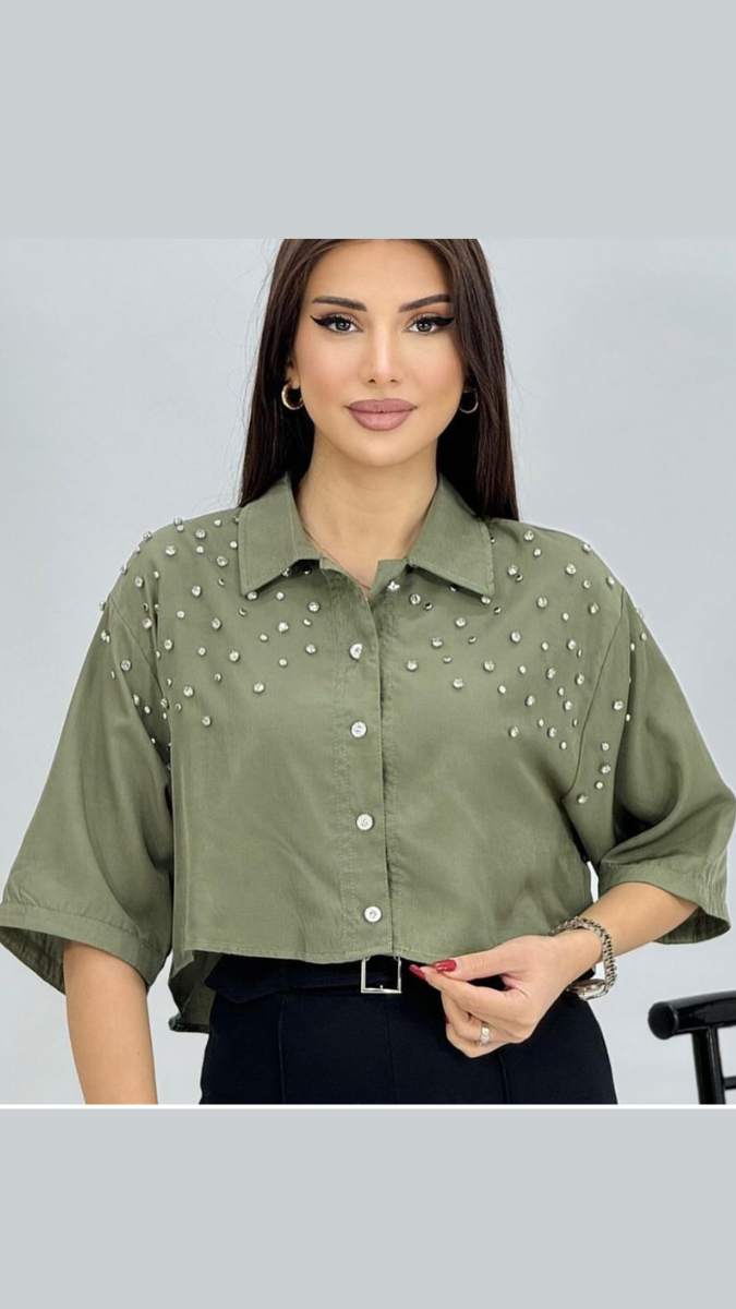 Crystal Embedded Down Shoulder Crop Shirt FC1903