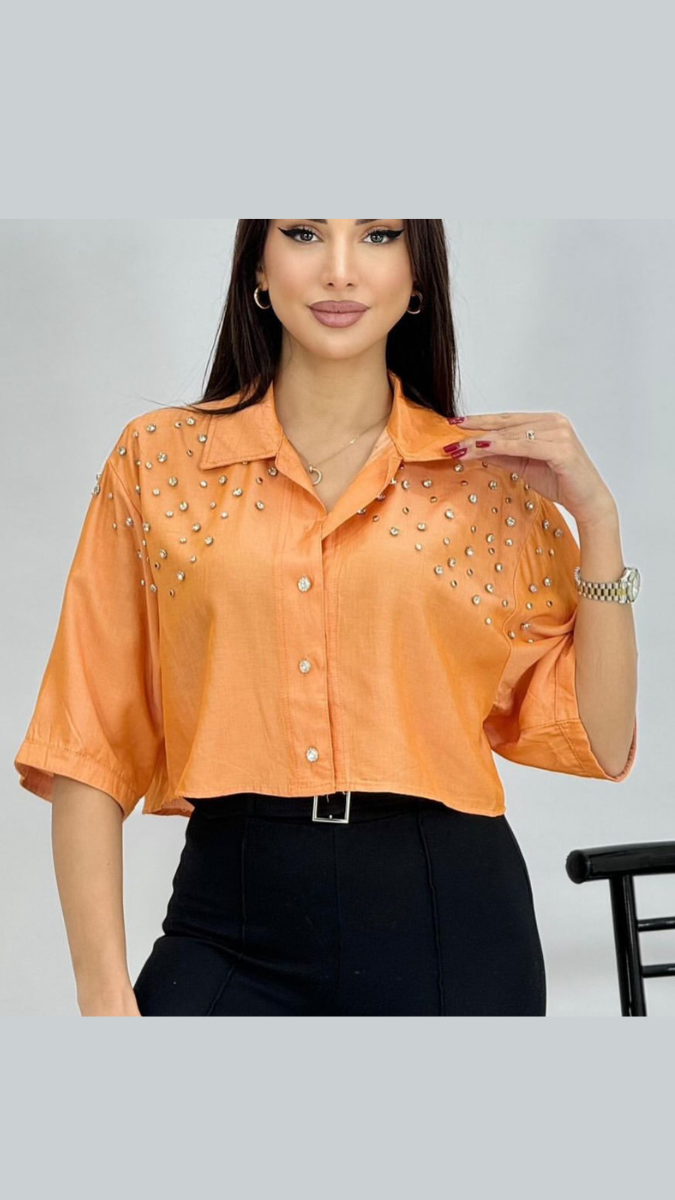 Crystal Embedded Down Shoulder Crop Shirt FC1903
