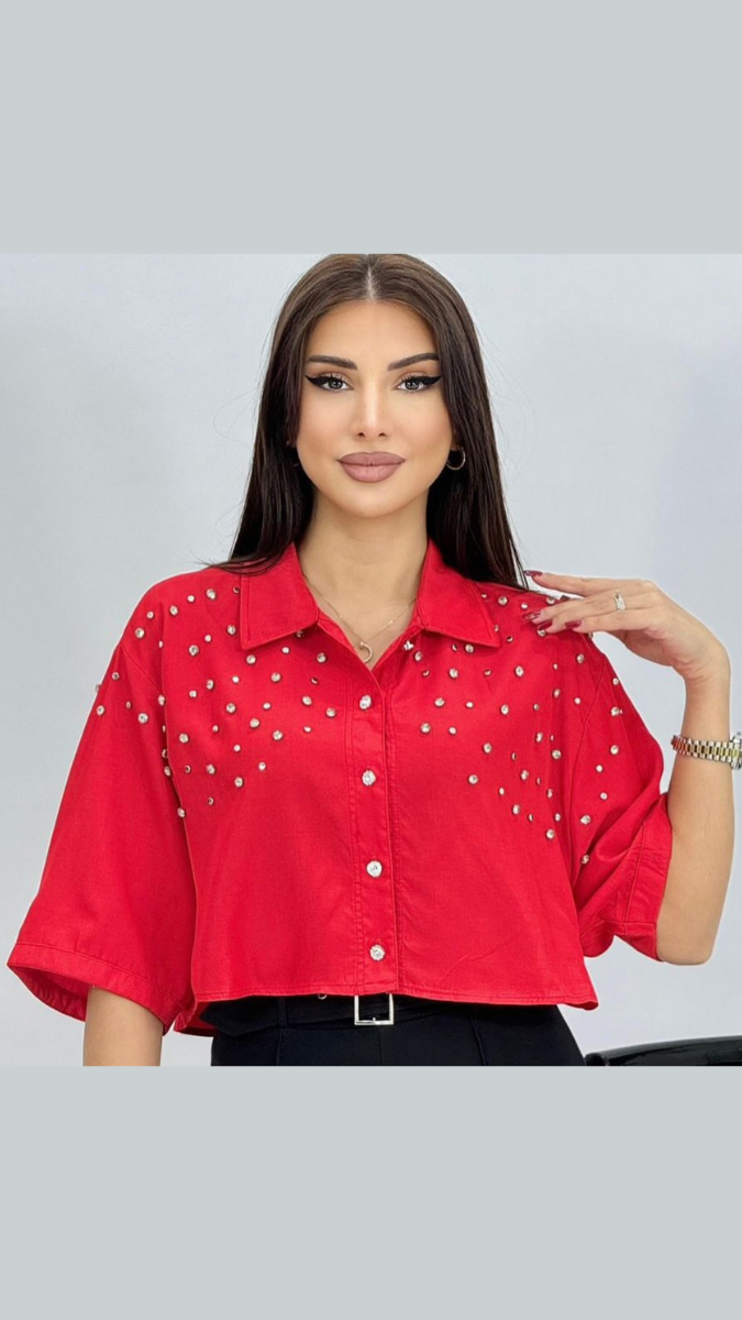 Crystal Embedded Down Shoulder Crop Shirt FC1903