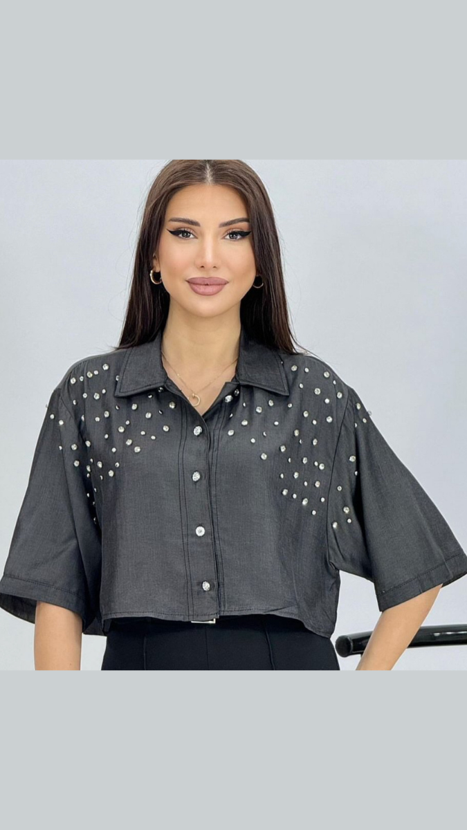 Crystal Embedded Down Shoulder Crop Shirt FC1903