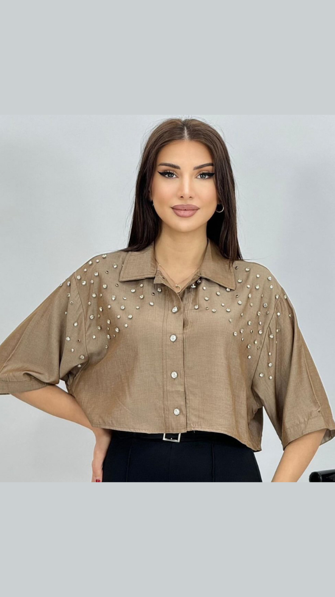 Crystal Embedded Down Shoulder Crop Shirt FC1903