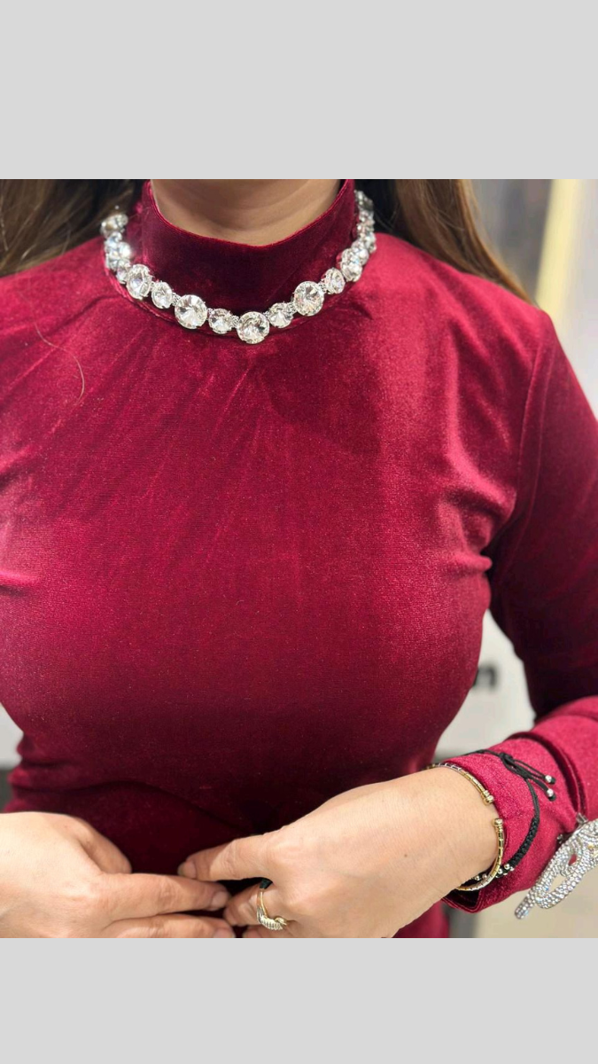 Crystal Embedded High Neck Fish Cut Dress FC1775