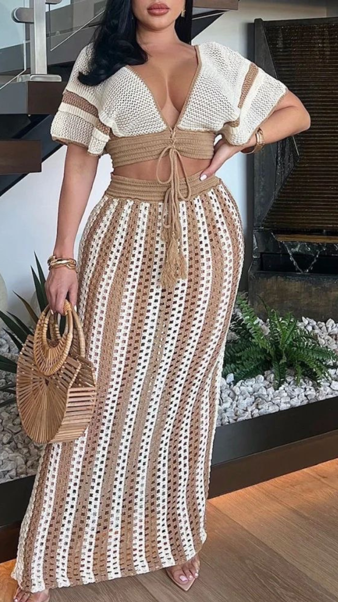 Deep V Neck Crochet Two Piece Skirt Set FC1866