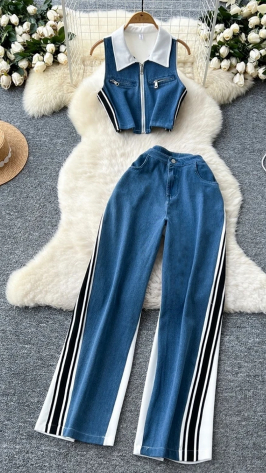Denim Crop Top With Wide Pant Coord Set FC1917