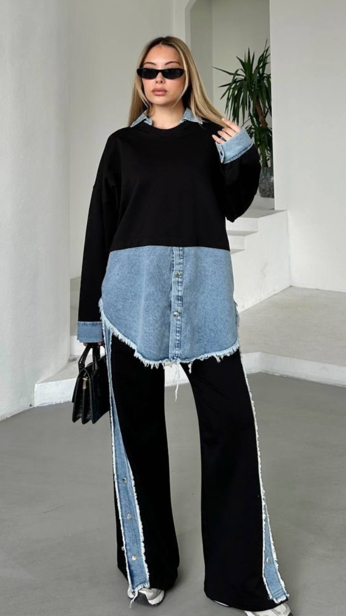 Denim Embedded Shirt And Pant Coord Set FC1925