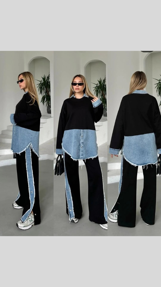 Denim Embedded Shirt And Pant Coord Set FC1925