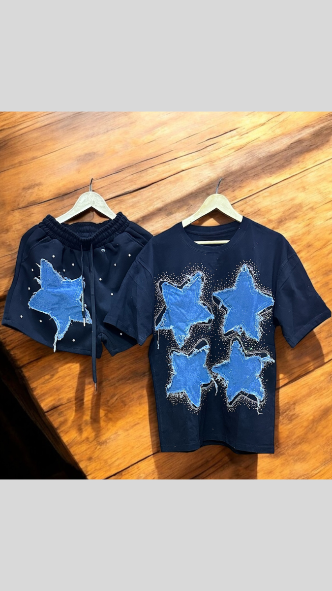 Denim Heart Designed Short Coord Set FC1946