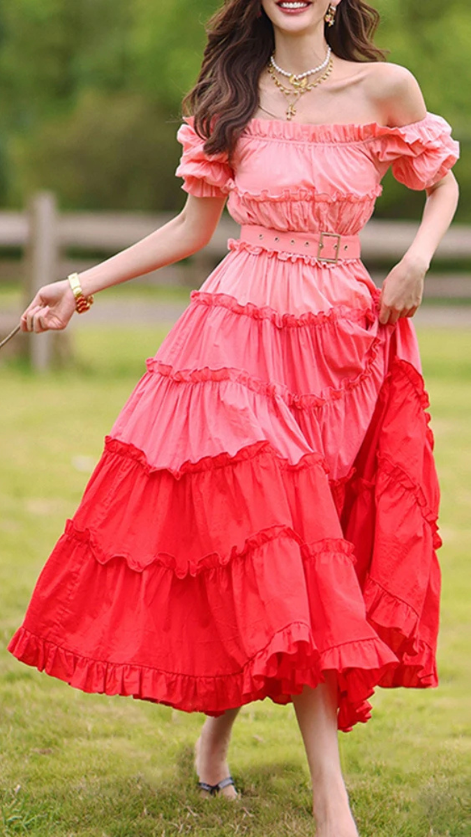 Dual Color Off Shoulder Ruffle Dress FC1868