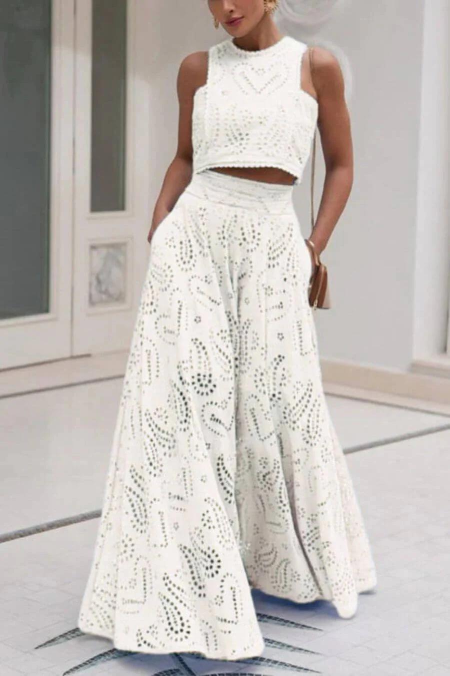 Hollow Lace Embroidered Long Skirt Set FC1877