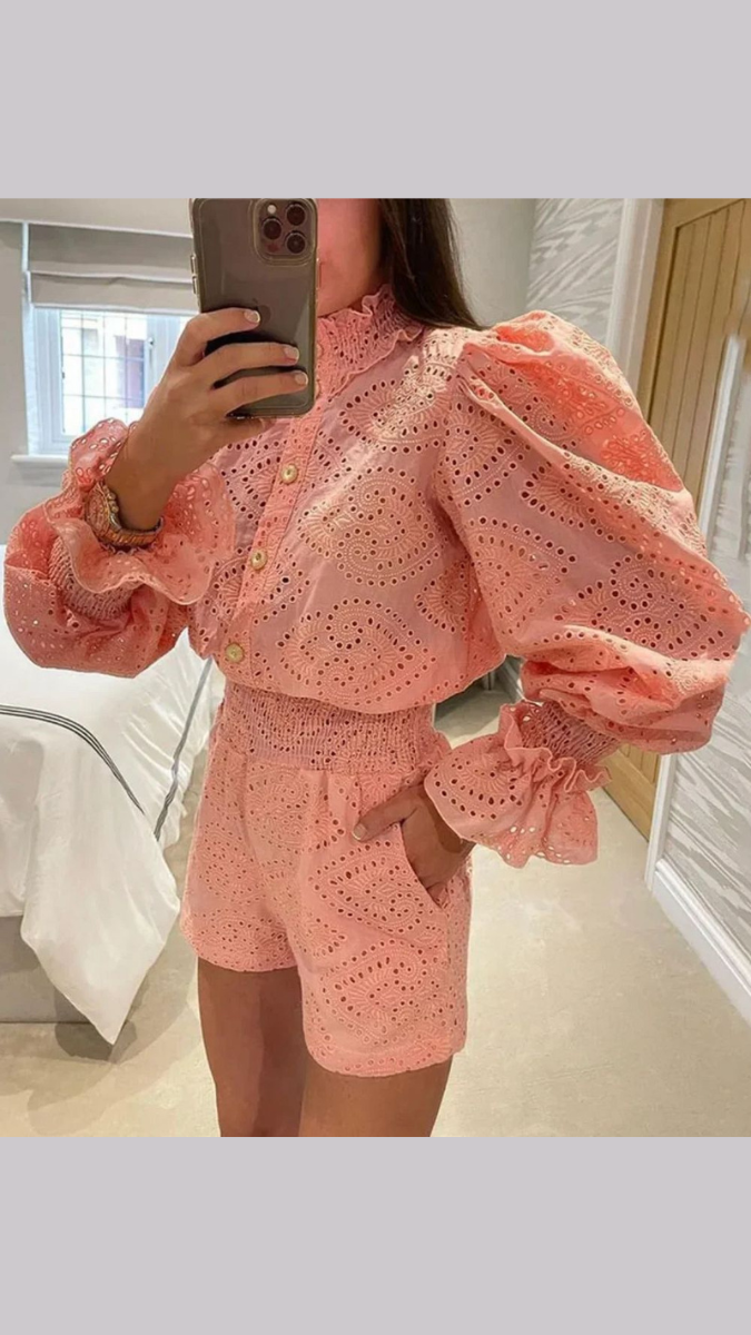 Elastic Sleeves Top and Shorts Coord Set FC1881