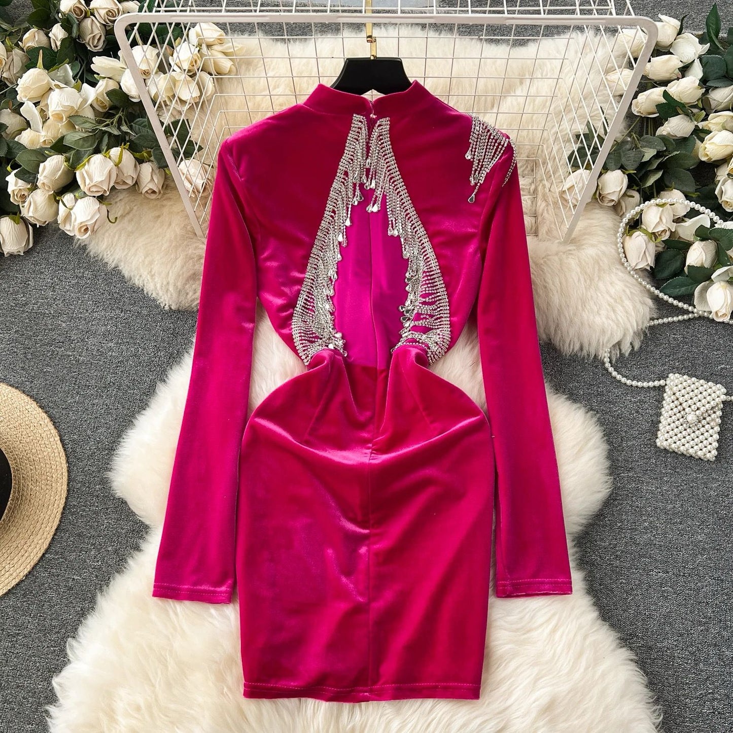 Elegant O-Neck Velvet Hip Mini Dress For Women  Pink