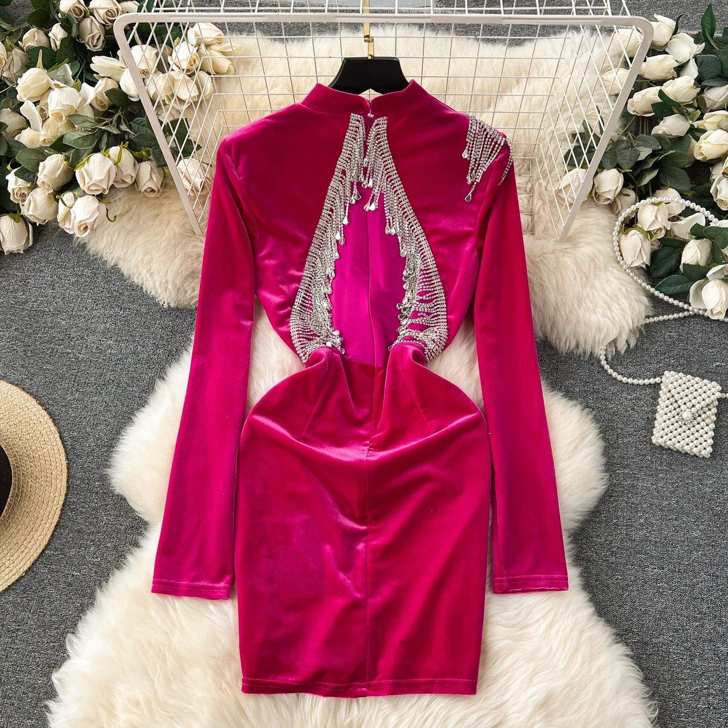 Elegant O-Neck Velvet Hip Mini Dress For Women  Pink