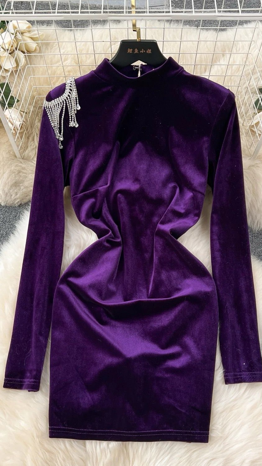 Elegant O-Neck Velvet Hip Mini Dress For Women  Purple